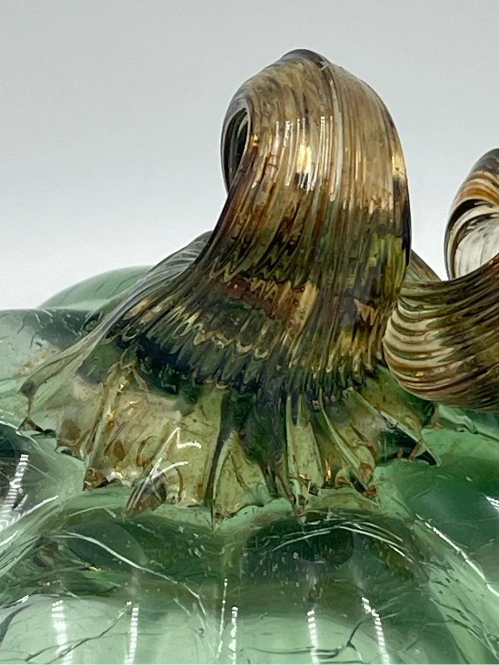 Vintage Hand Blown Green Ombre Crackle Art Glass Pumpkin with Amber Twisted Stem